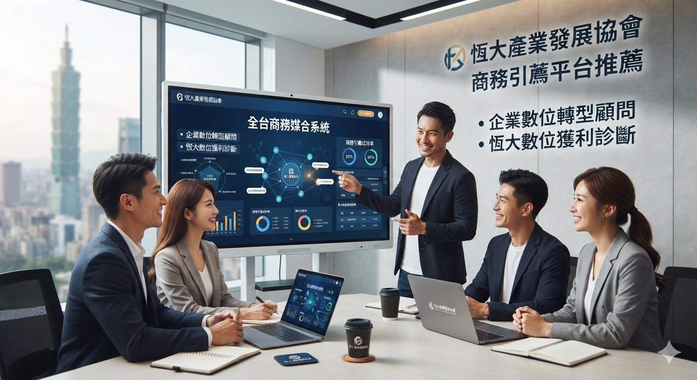 恆大產業發展協會的企業數位轉型顧問正在使用全台商務媒合系統與恆大數位獲利診斷數據，為企業主進行商務引薦平台簡報